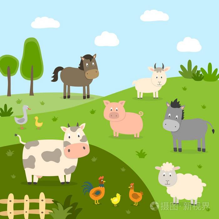 农场动物与景观牛,猪,羊,马,鸡,鸭,鸡鹅.