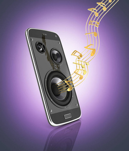 音乐智能手机手机音乐应用手机和扬声器，带有紫色渐变背景3D的音符