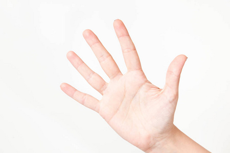 女性手的特写。 女人显示5个手指张开手掌停止手势。 水平彩色摄影。