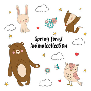 矢量集可爱的林地和森林动物卡与熊猫头鹰狐狸兔子云花和文字春天森林动物收集。
