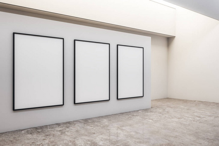 现代混凝土展厅内部有海报和灰色地板。 画廊概念。 模拟3D渲染