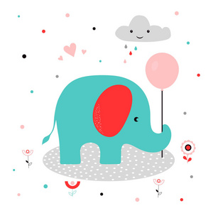 大象卡片与气球，云，花和心，可爱的打印与动物隔离，凉爽，斯堪的纳维亚插图，幼儿T恤，儿童服装，邀请，简单的儿童设计。