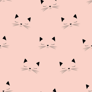 矢量无缝图案可爱的猫脸孤立的粉红色背景