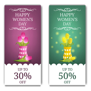 s Day Discount Banners with Pink and Yellow Tulips in Vase. Bouq