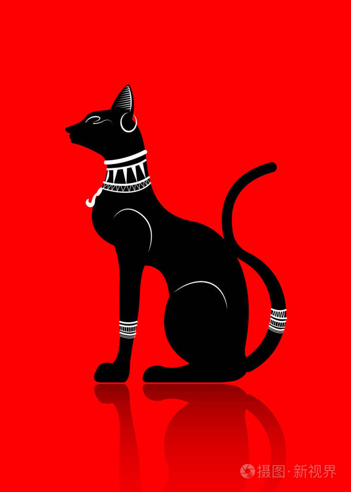 插画 黑埃及猫巴斯特, 古埃及女神, 雕像外形与法老珠宝, 向量例证