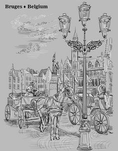 在格罗特马克特广场上观看中世纪城市布鲁日比利时的马车和灯笼。 矢量手绘插图的黑白颜色隔离在灰色背景上。