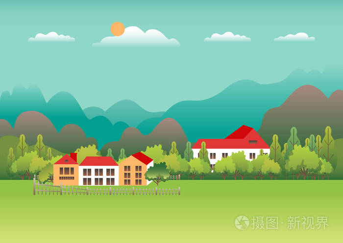 房屋农场景观一家畜舍建筑山丘树山背景卡通插图
