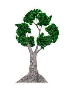 发展循环经济和环保产业树的概念，以绿叶的形式，回收符号孤立在白色背景三维插图。
