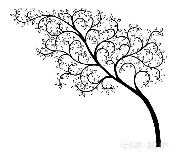 黑白画的素描树上有花枝和叶子