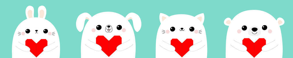 情人节快乐。 白猫，小猫，兔子，兔子，熊，狗，小狗，脸，手里拿着红色的折纸心。 可爱的卡通卡瓦伊有趣的婴儿动物角色。 平的爱情卡