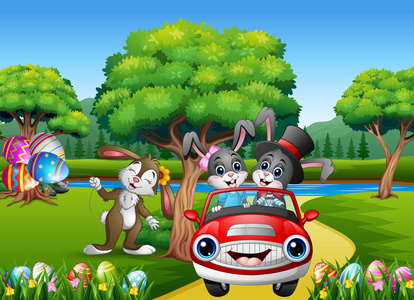快乐复活节兔子骑着车，小鸡拿着装饰的气球