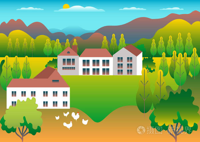 房屋农场景观一家畜舍建筑山丘树木背景卡通插图