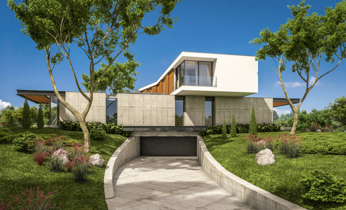 三维渲染现代舒适的房子在山上与车库和游泳池出售或租赁与美丽的景观背景。晴朗晴朗的夏日，蓝天。