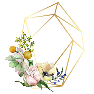 有多汁植物花的花束。水彩背景插图集。框架边框水晶装饰广场