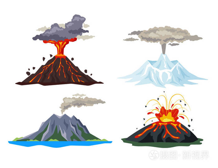 火山喷发设置与岩浆, 烟雾, 骨灰隔离在白色背景.火山