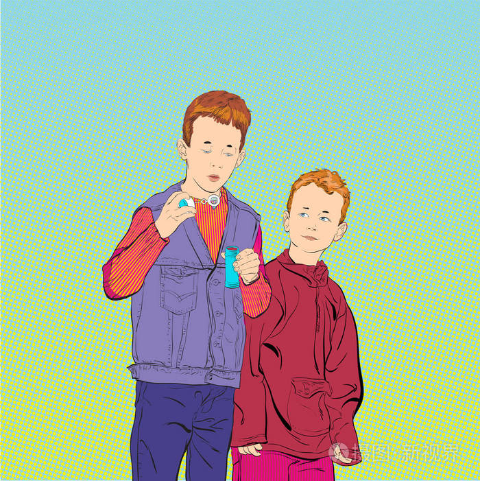 男孩们在吹肥皂泡.两兄弟