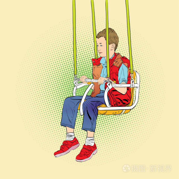 男孩在骑行中很开心.游乐园.操场.荡秋千