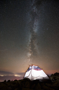 夜间在大树附近的山上露营