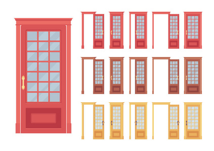门经典设置木制与玻璃入口的建筑房间。 家庭办公设计理念。 矢量平面风格卡通插图孤立的白色背景，不同的视图打开和关闭