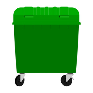 白色背景上隔离的绿色垃圾容器。 光栅插图。 轮式垃圾箱