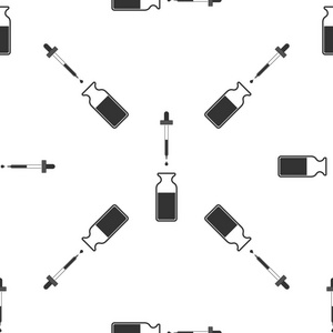 带移液器的玻璃瓶。vial 与移液器内和关闭盖子图标隔离无缝图案在白色背景。医疗和化妆品容器。扁平设计。矢量插图