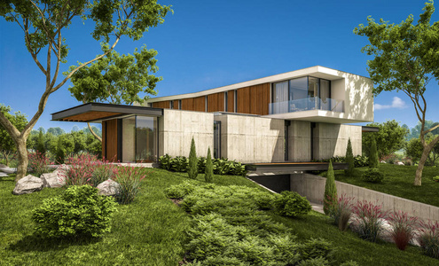三维渲染现代舒适的房子在山上与车库和游泳池出售或租赁与美丽的景观背景。晴朗晴朗的夏日，蓝天。