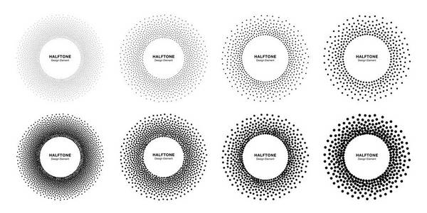 半音圆形虚线框。在白色背景上查出的圆形装饰点。用于医疗治疗美容的标志设计元素。使用半色调圆点纹理的圆形边框。向量