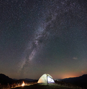 夜间在大树附近的山上露营