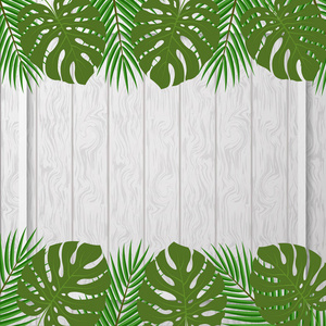 灰色木制背景上的热带叶子。海报横幅或传单模板