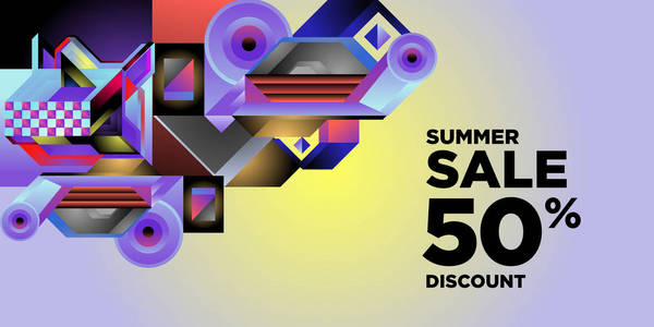 夏季销售5折横幅与彩色抽象几何背景图案