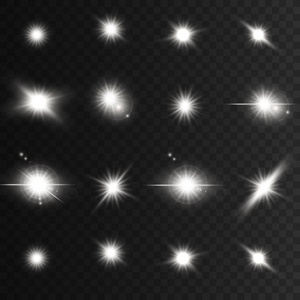 一组白色的发光灯和星星。隔离在透明的背景上。向量例证