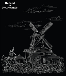 阿姆斯特丹地标水磨的矢量手绘插图荷兰荷兰荷兰。 矢量雕刻插图白色隔离在黑色背景上。