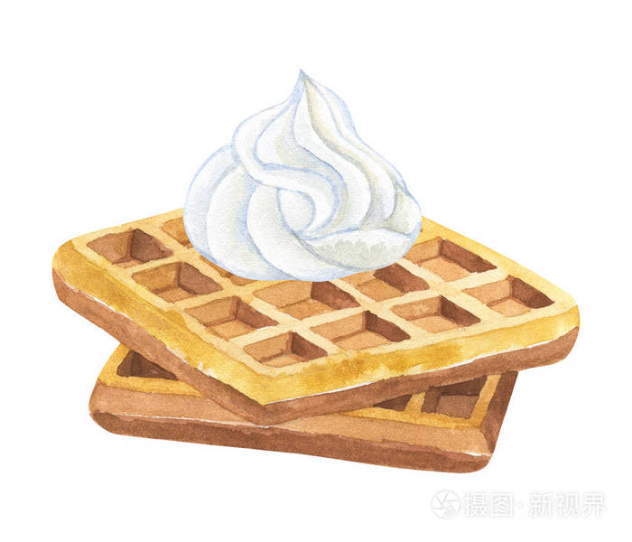 比利时华夫饼加奶油.手绘水彩插图.隔离在白色背景上