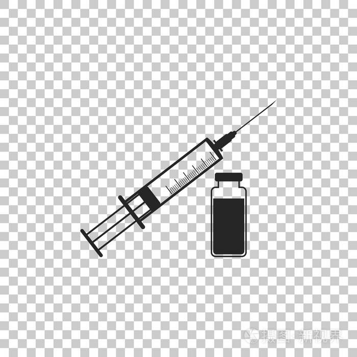 医用注射器, 针头和小瓶图标隔离在透明的背景.疫苗接种,注射的概念.