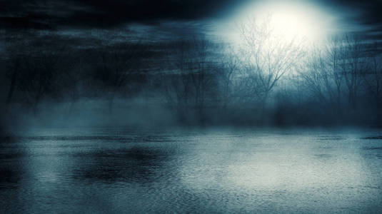 空街的背景场景..江的夜景，夜空中有云，树的轮廓，光映在水面上..烟雾缭绕