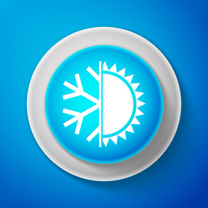 冷热符号。在蓝色背景上隔离的太阳和雪花图标。冬季和夏季的象征。圆圈蓝色按钮。向量例证