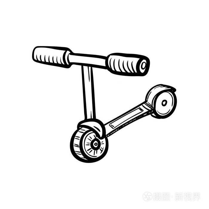 漂亮的手绘时尚儿童滑板车图标. 手绘黑色素描. 符号