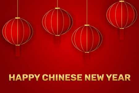 中国新年传统红贺卡插图与传统亚洲灯笼在红色背景