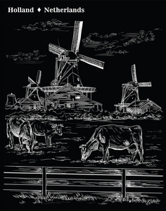 阿姆斯特丹地标水磨矢量手绘插图荷兰。水磨和奶牛在草地上放牧。矢量雕刻插图白色隔离在黑色背景上。