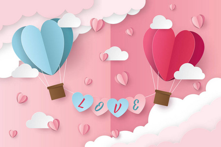 s day with balloon heart and clouds. Paper cut style. Vector ill