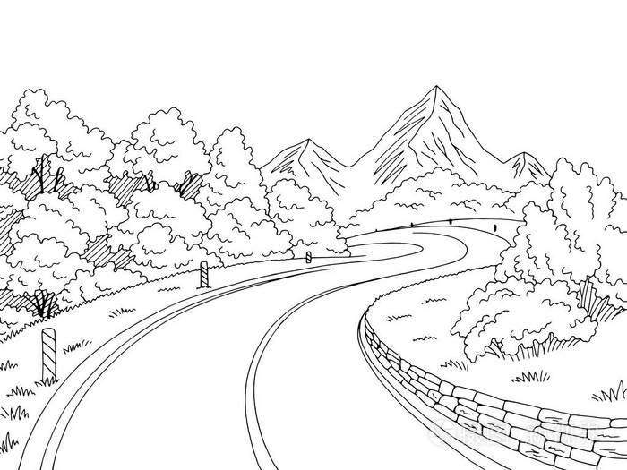 山路图形黑白风景素描插图