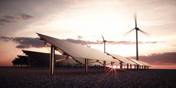 现代和未来美学太阳能电池板的大型光伏电站与风力涡轮机的背景在温暖的日落光。 三维渲染。