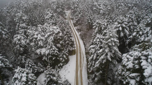 冬季森林的鸟瞰图。自然冬季景观从空中。森林下着雪是冬季.鸟瞰多雾多雪的冬山..田园冬季景观中道路的鸟瞰。