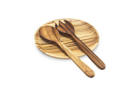 空圆木板, 叉子, 勺子查出在白色背景顶视图。手工制作的炊具天然材料的菜肴厨房内饰