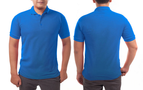 空白拼贴衬衫模拟模板正面和背面观看亚洲男性模特穿普通蓝色T恤隔离在白色。 马球三通设计模型演示打印。