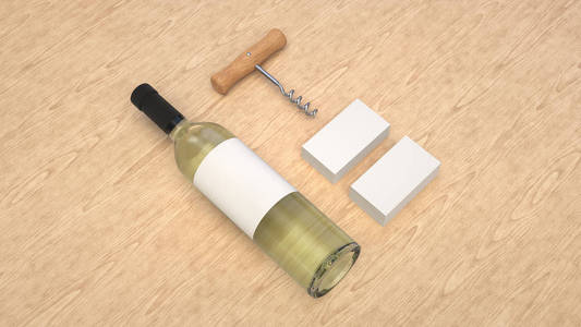 葡萄酒或侍酒品牌模板。 白色名片的模型与瓶酒和瓶塞在木制背景上。 三维渲染插图。