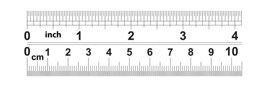 尺子4英寸。 尺子10厘米。 按英寸和0.5毫米划分的32个师的值。 精确长度测量装置。 校准网格。