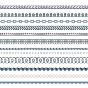 一套银色金属链子和绳索查出在白色。用于设计的无缝画笔。向量