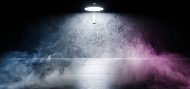 科幻霓虹灯未来主义现代烟雾混凝土Grunge反射光点工作室舞台舞蹈俱乐部振动三维渲染插图