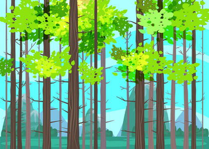 美丽的春天森林树, 绿色的叶子, 风景, 灌木, 树干的剪影, 地平线。向量动画片样式例证横幅横幅查出